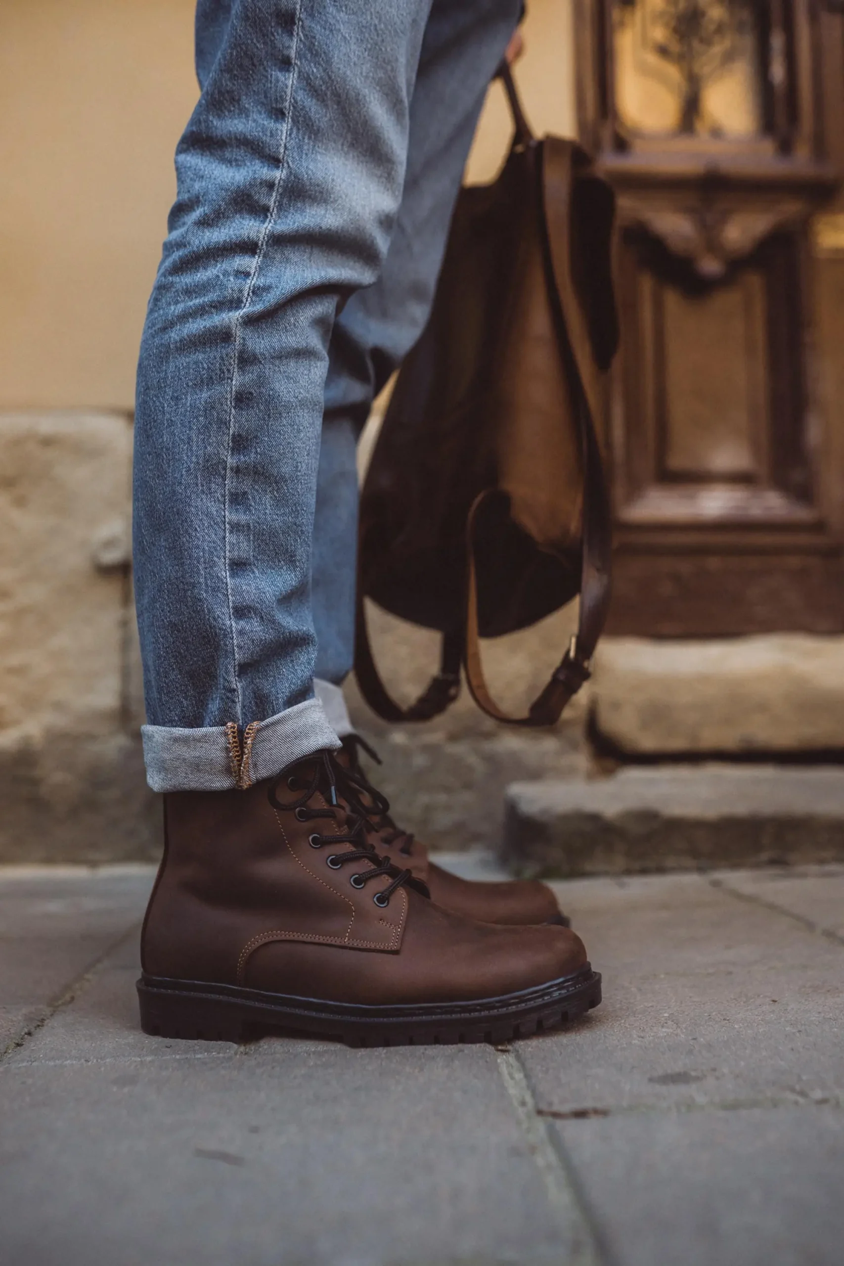 Mens Brown Leather Work Boots Fur Lined Combat