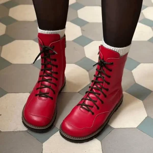 Handmade Red Leather Boots Women Anatomical Lace Up